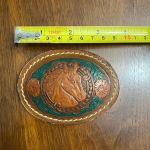 Vintage Western Tooled Leather Belt Buckle with Horse